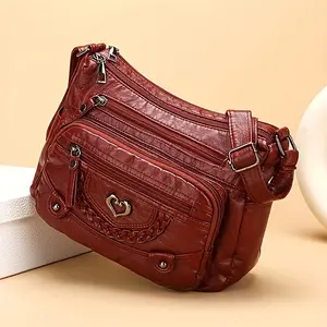 Multi-Pocket Hot Selling Vintage Crossbody Bag - Adjustable Shoulder Strap & Multi-Pocket Design, Large Capacity Heart Decoration Casual Monochrome Tote, Fashionable Trendy Choice, Suitable for Daily Use (Brown/Gray/Red/Black)