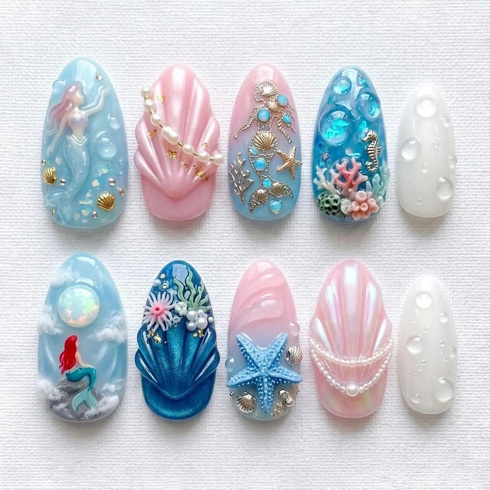 3D Mermaid Lagoon Press On Nails | Shell Coral Reef Starfish Nails | Luxury Ocean Nail Set ‍️
