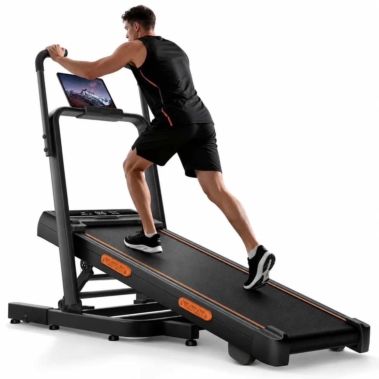 UMAYWalking Pad Treadmill  Incline 30° & Elevated Dual Handrails, Quiet 3HP Motor 7.5MPH Foldable Treadmill for Tall Users Running Walking, 350LBS Capacity Duty Reinforced Frame Space Saving, LED Display Remote & Suction Tablet Holder for Home Gym