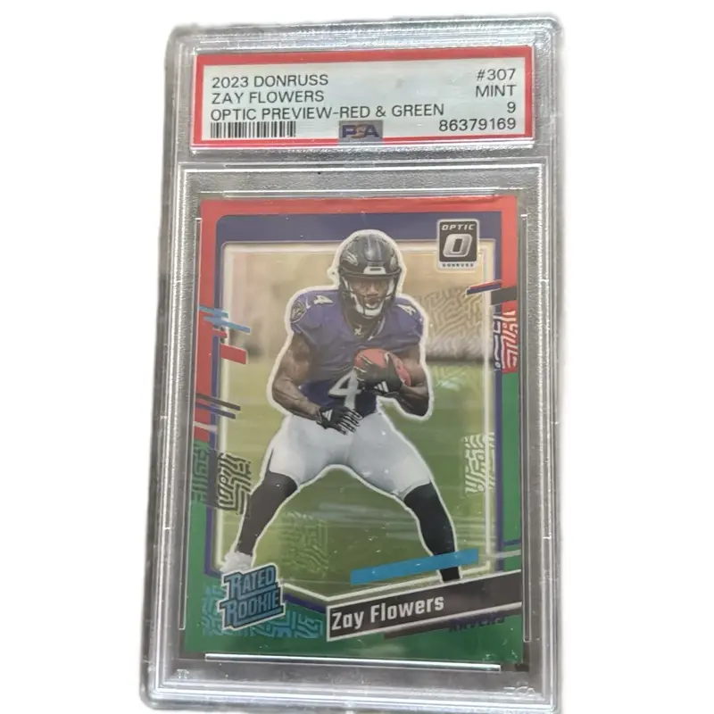 Donruss 2023 Football Zay Flowers Optic Preview Red & Green #307 PSA 9 Ravens Card with Excellent Condition, No Autograph