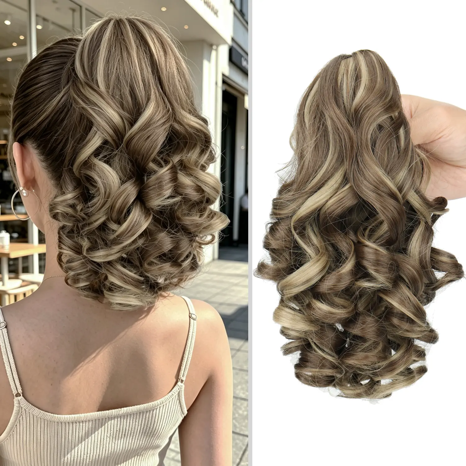 16 Inch Synthetic Claw Clip Ponytail Extension, Fluffy Curly Wavy Highlight Brown Clip‑in Hairpiece for Women Daily Party Fake Ponytail Curly Clip Ins