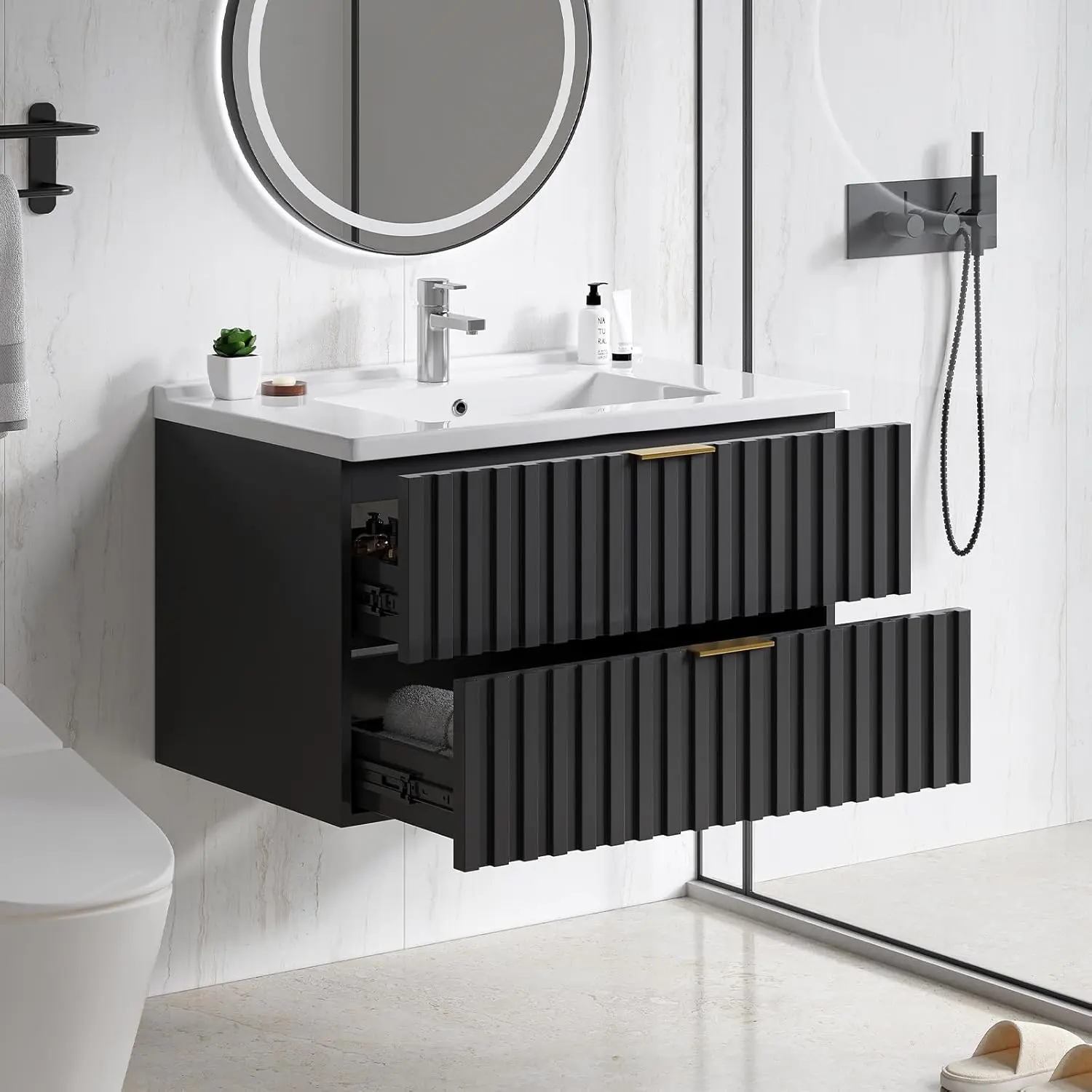 【SummerFinds】ONBRILL 30/36 in Wood Floating Bathroom Vanity with Sink Combo, 2 Fluted Drawers, Metal Handles, Durable Wall-Mount Storage Cabinet, Ceramic Integrated Sink for Small Spaces (Above 25 kg, Assembly Required), Small Room Ideas