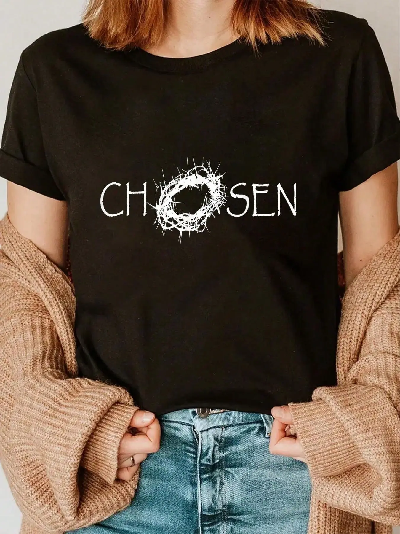 Women's The Chosen Pop Culture Graphic T-Shirt, Vintage Distressed Cotton Shortsleeve Round Neck Top, Casual, Short Sleeve, Everyday, Streetwear, Tshirt, Whimsical Theme, Distressed Print, Streetwear Look, Whimsical Vibe