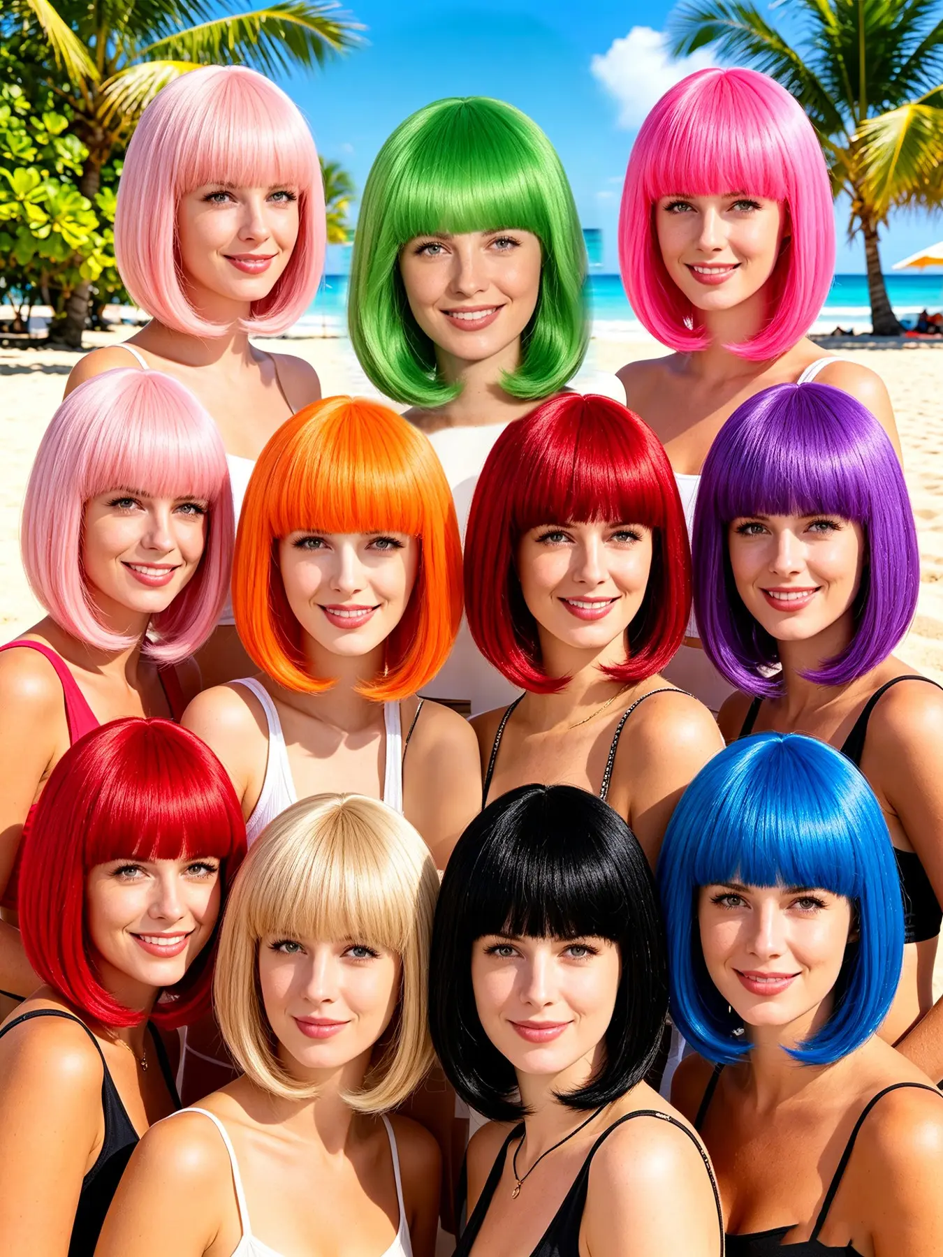 Summer Multicolor Bob Wig, Straight Bangs Short Style, Breathable Comfort, Ideal for Football Fans, Beach, Pool Parties, Festive Events, Party Wigs, Synthetic Bob Wig