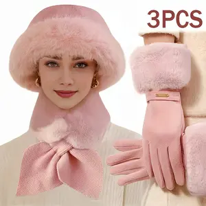 3-Piece Winter Warm Fashion Accessory Set - Stylish Touchscreen Fingerless Gloves, Thick Cross-Over Scarf, Plush Hat - Ideal for Cold Weather, Outdoor Activities - Perfect Christmas Gift, Touchscreen Gloves, Three Pieces