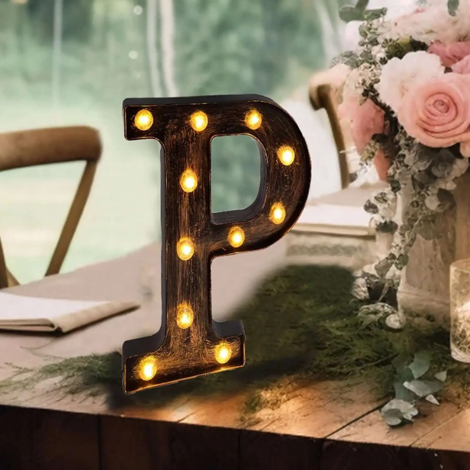 9" Industrial Style Antique Black LED Marquee Letter "P" - Home Ornament, Wedding Decor, Kid Room Decoration, Photoshoot Party Light Display