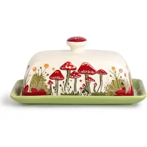 Mushroom Butter Dish With Lid  Cute Cottagecore Ceramic Storage Container,   Covered Tray, Boho Farmhouse Kitchen Decor ,  Countertop Holder (White, Standard)