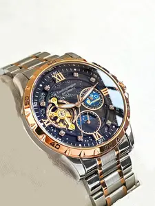 Men's Fashion Tourbillon Skeleton Automatic Mechanical Watch Rose Gold Case Starry Night Glow Dial Stainless Steel Strap Business Casual Gift