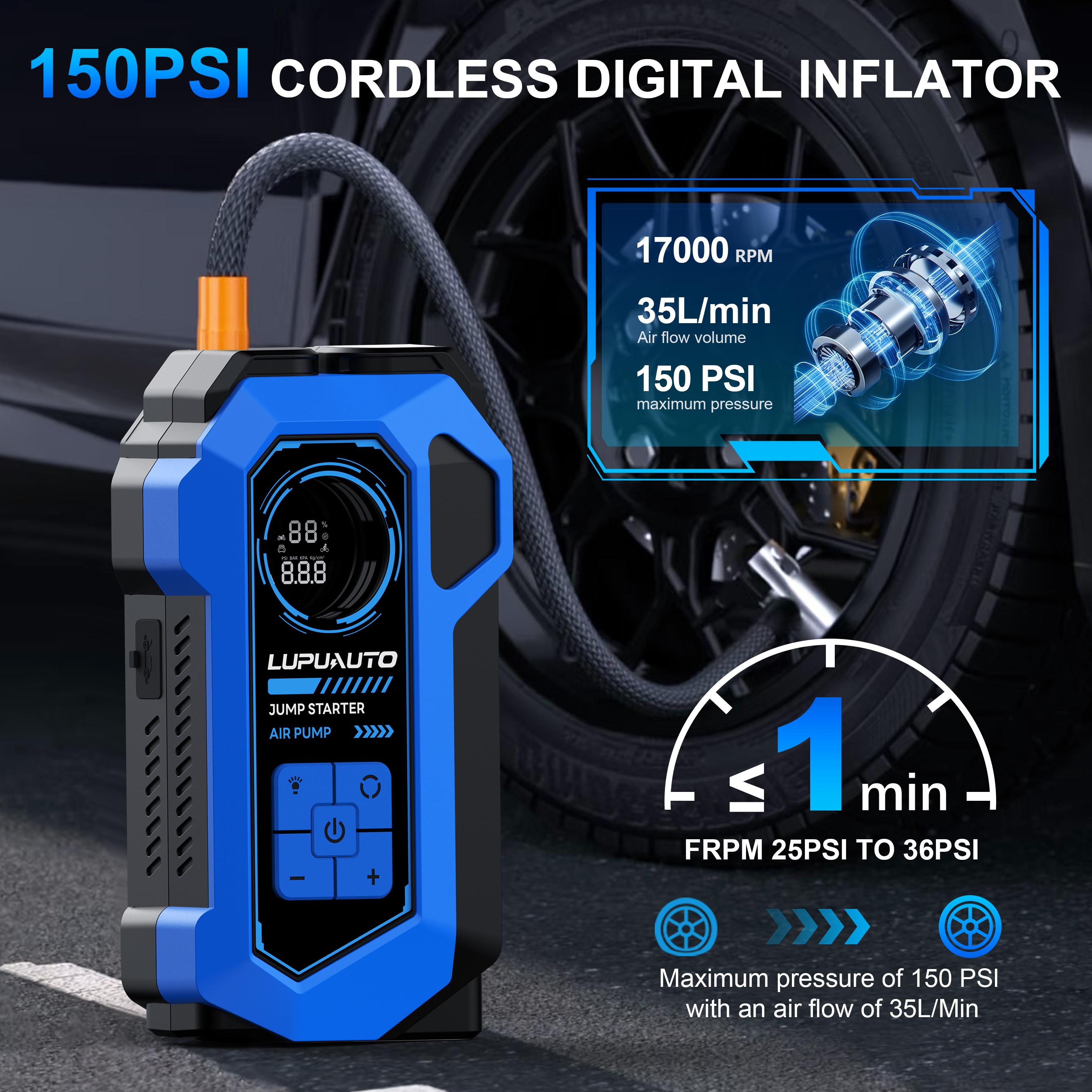 LUPU AUTO multifunctional portable tire inflator, 4 preset modes, automatic stop, LED display, intelligent safety indicator, fast charging for phones and tablets, suitable for car tires, bicycles, and swimming rings