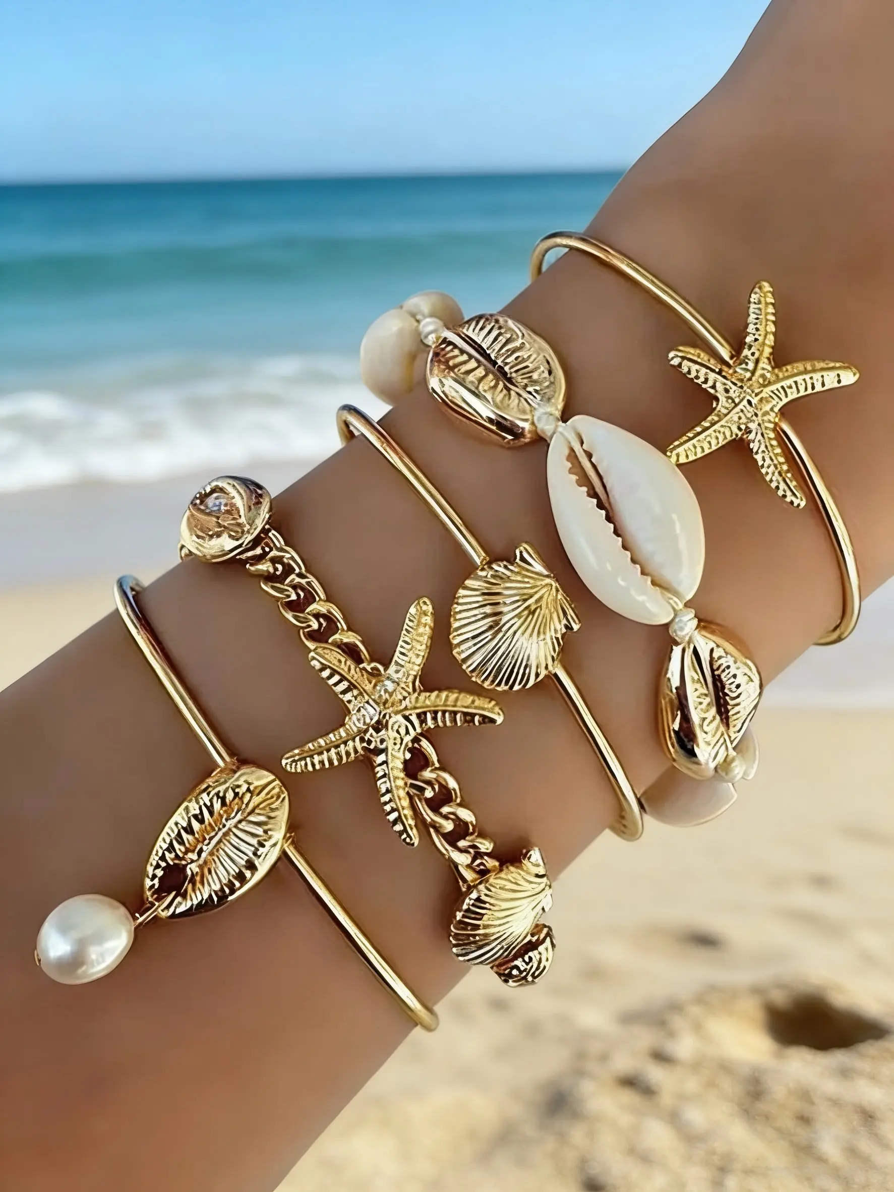 5pcs in 1 Set Beach Element Accessory Set, Featuring Shells and Starfish, Durable Stylish Layered Design, Perfect for Everyday Wear, Trendy Jewelry Set, Elegant Jewelry Set, Fashion Jewelry Set