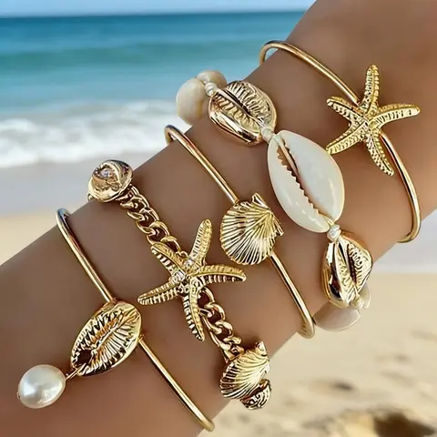 5pcs in 1 Set Beach Element Accessory Set, Featuring Shells and Starfish, Durable Stylish Layered Design, Perfect for Everyday Wear, Trendy Jewelry Set, Elegant Jewelry Set, Fashion Jewelry Set