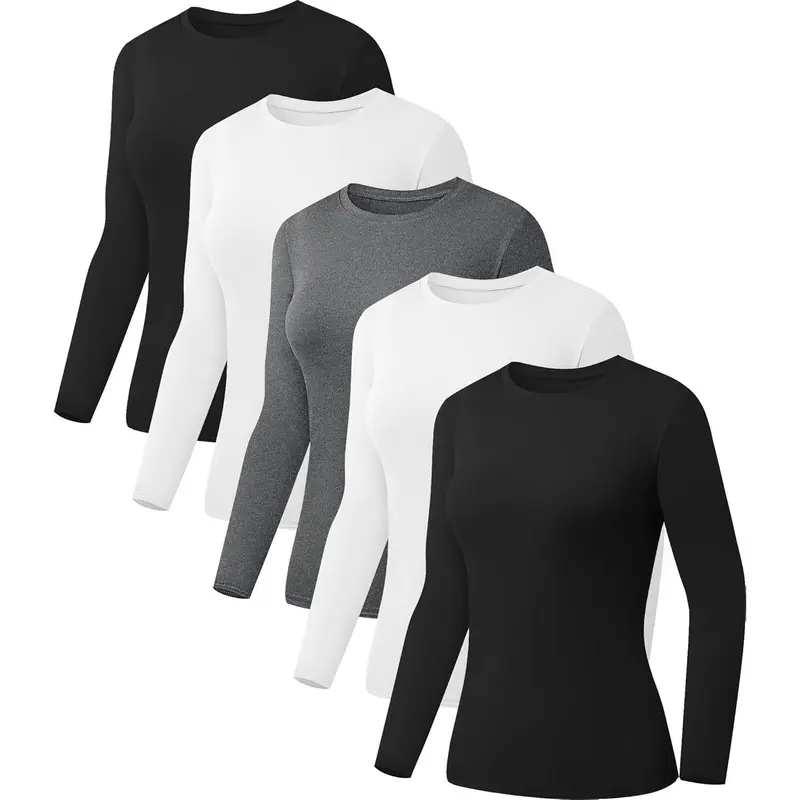 5 Pack Womens Basic Long Sleeve Shirts Crew  Slim-Fit Fitted T Shirts Tops Undershirts Underscrub Baselayer