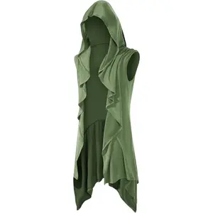 Runcati Mens Hooded Cardigan Sleeveless Ruffle Shawl Collar Open Front Knit Drape Robe