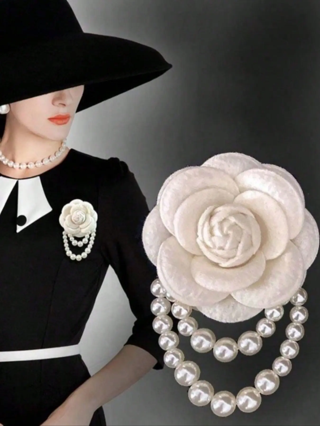 Elegant Women's Camellia Pearl Tassel Brooch Pin, Jewelry Accessory for Shirt Collars and Dresses, Party and Wedding Gift