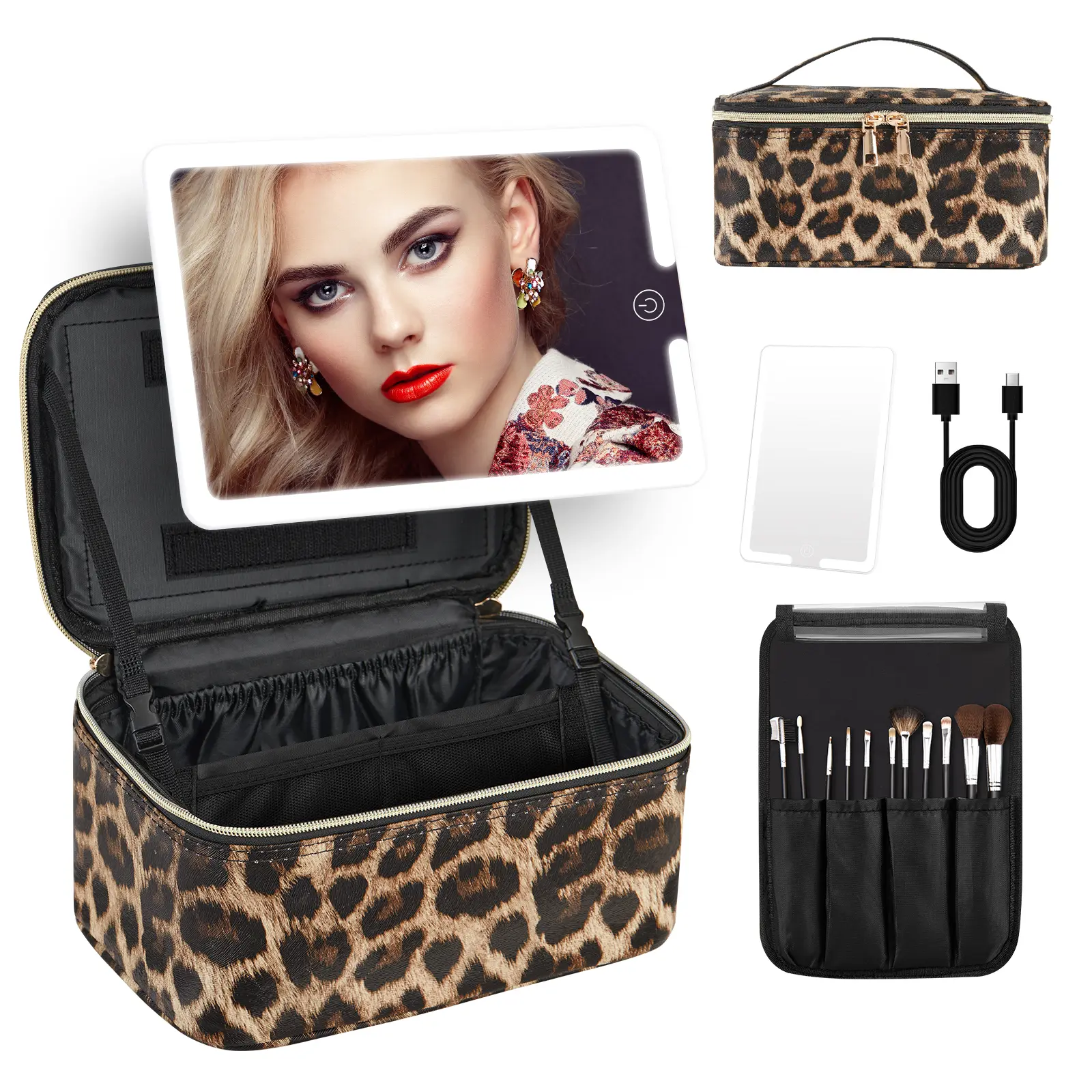 Leopard Print Sleek PU Leather 3-in-1 LED Portable Vanity Cosmetic Bag - Detachable Mirror, Adjustable Dividers, Large Capacity, USB Rechargeable Organizer for Travel & Home, Ideal Gift for Girls, Holds Makeup Products, 3-In-1 Led Vanity Makeup Bag, Trave