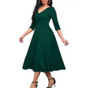 Women's Casual Wrap Flared Midi Dress Wedding Guest Cocktail Tea Dresses A-Line Swing V-Neck 3/4 SleeveGift