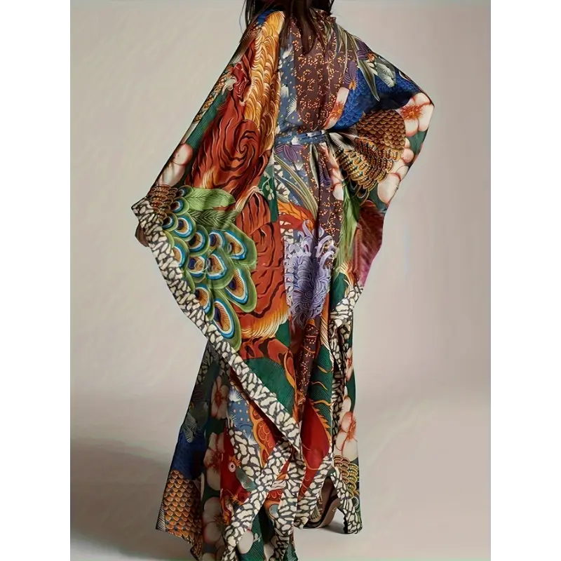 Women's Bohemian Tribal Print Kimono Cardigan - Casual Non-Stretch Polyester Beach Cover-Up with Belt, One Size