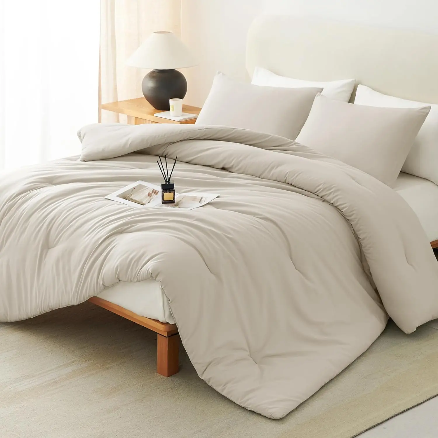 King Size Comforter Set Oatmeal, 3 Pieces Comforters King Size Breathable Quilted Bedding Sets, Luxury Soft Lightweight Bed Set with Down Alternative Comforter and 2 Pillowcases