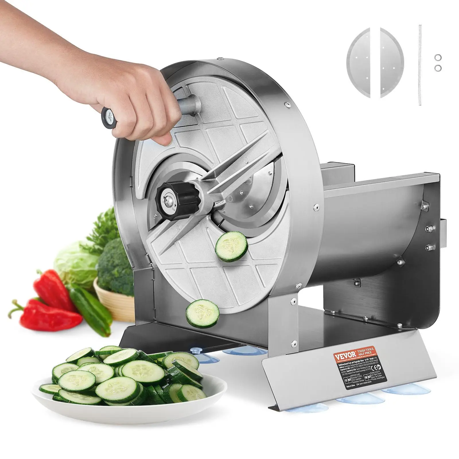 【Summerfinds】VEVOR Manual Vegetable Fruit Slicer, 0-0.5"/0-12mm Thickness Adjustable Commercial Slicer Machine, Stainless Steel Food Cutter Slicing Machine with 2 Spare Blades, for Potato, Cucumber, Lemon