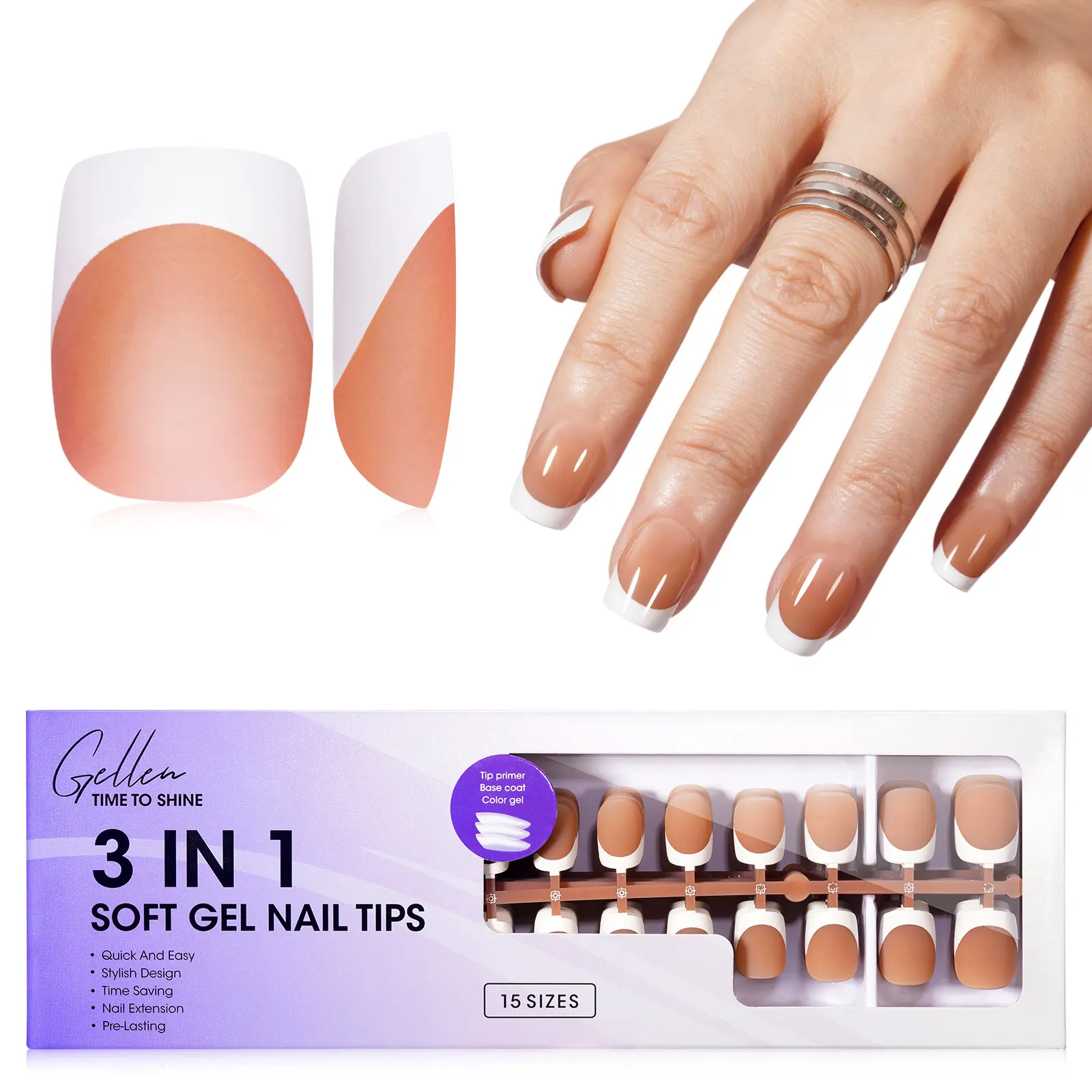 Gellen French Soft Gel Tips, Brown Short Square Fake Nails with Flexible Fit for Nail Decoration, 150 Pcs in 15 Sizes, Fake Nail Tips, Gel Nails Tips