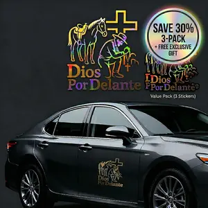 【3-Pack with Free Gift】Dios Por Delante Holographic Car Decal - Christian Spanish Cars Accessories for Truck & SUV - Waterproof Vinyl Faith Sticker for SUV/Laptop - Gift for Latino Family Car Sticker men