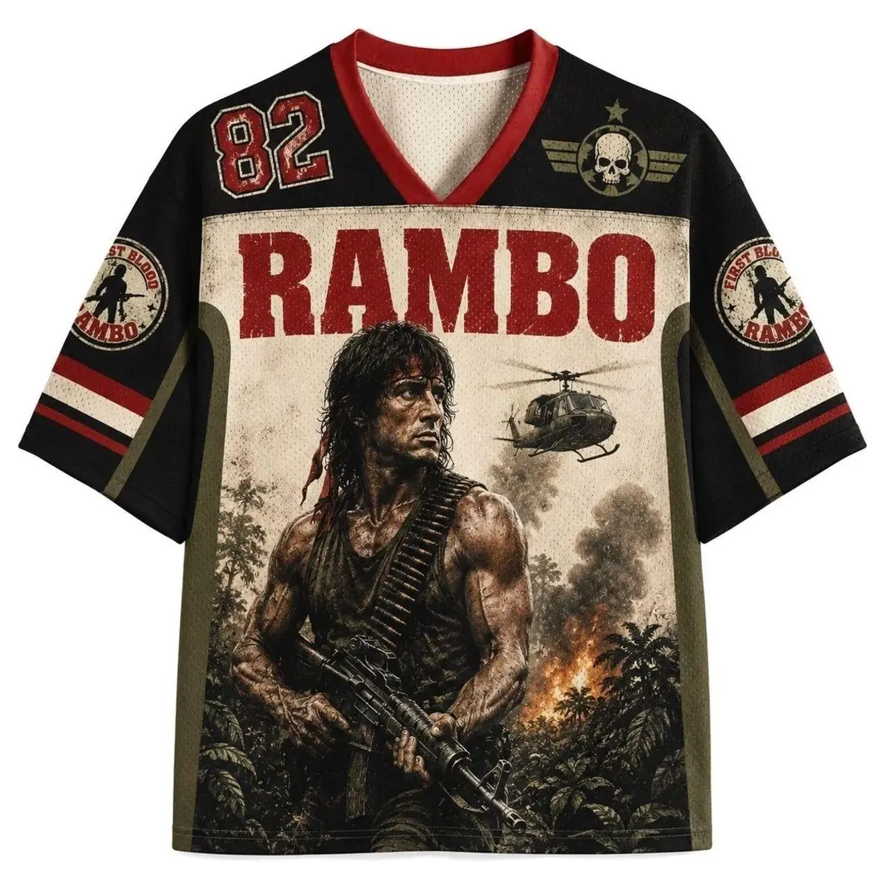 Rambo Classic Action Movie Graphic Jersey Shirt Vintage Sports Mesh Button-Up Fan Apparel DAK S2R