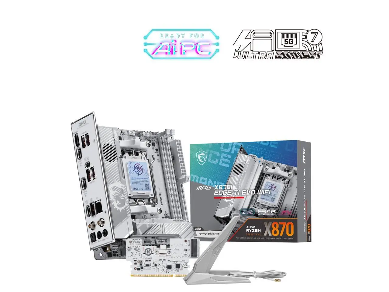 MSI MPG X870I EDGE TI EVO WIFI White Motherboard, ITX - Supports AMD Ryzen 9000 / 8000 / 7000 Processors, AM5 - 110A SPS VRM, DDR5 Memory Boost, PCIe 5.0 x16, M.2 Gen5, Wi-Fi 7,  5G LAN