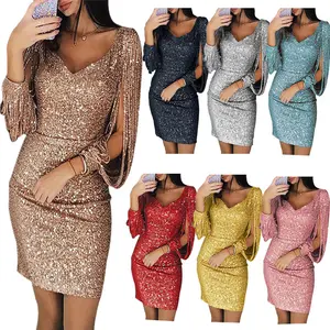 Sexy nightclub party sequin fringe long-sleeve bodycon dress