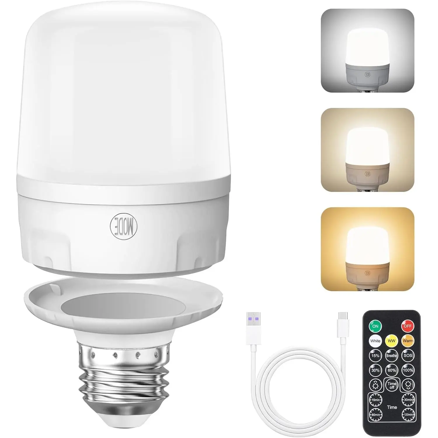 Qoollife E26 Light Bulbs with Remote, Battery Operated Light Bulb 9W 2000mAh, 4 Timer for Lamp Lamps Tent Closet Camping USB Battery Powered Light Bulbs (1-Pack)