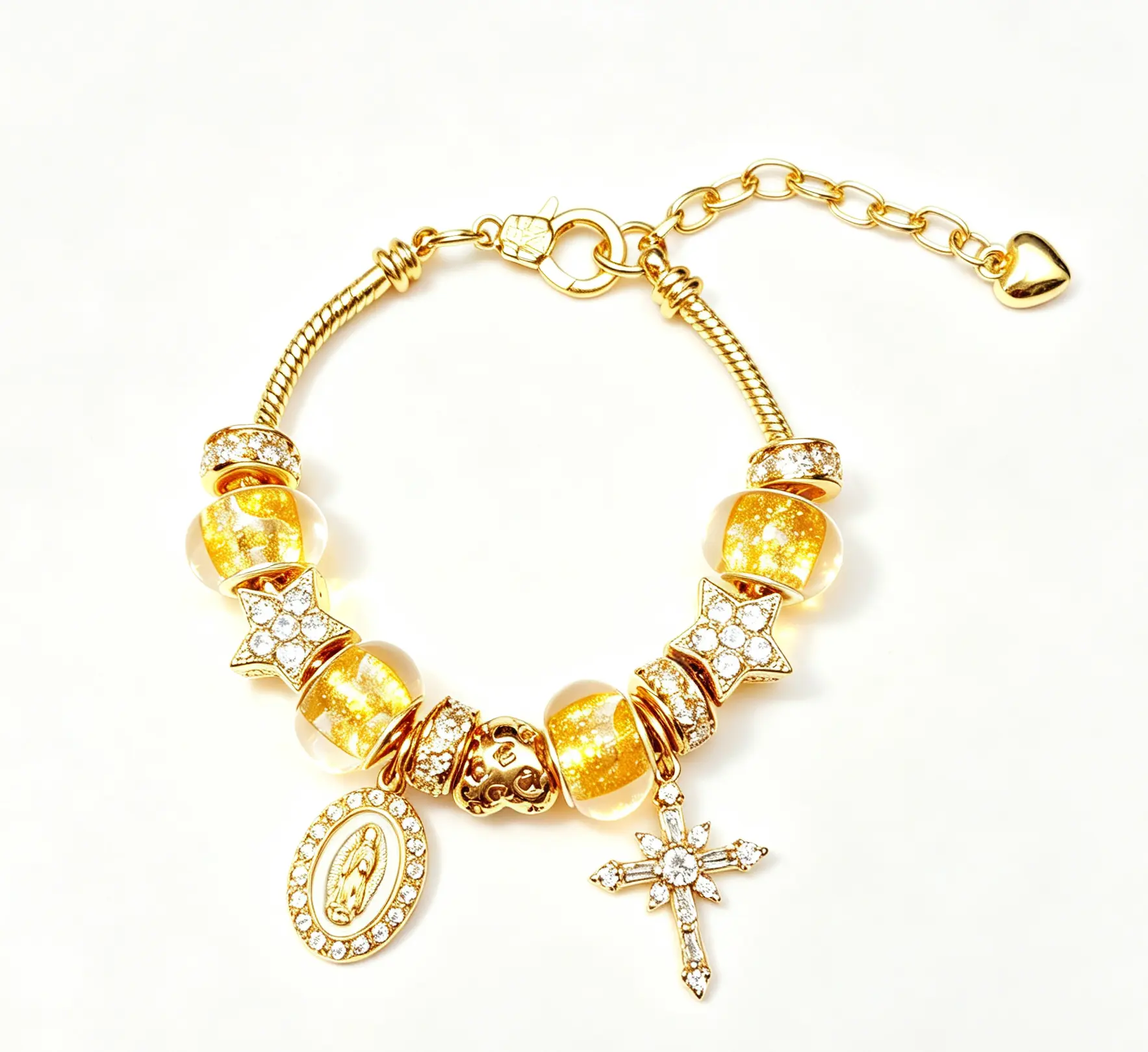 Luxury Gold Charm Bracelet with Virgin Mary & Cross Pendant Rhinestone Star Beads Fashion Religious Jewelry Gift for Her