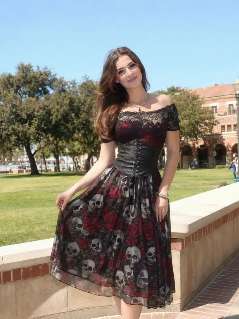 RETRO STAGE Lady's 1950s Vintage Style Swing Gown, Gothic Rose Print Knee-Length A-Line with Belted Mesh Top, Skull, Lace, Halloween, Zipper, Dress, Goth Clothes, Vintage Things, Graphic