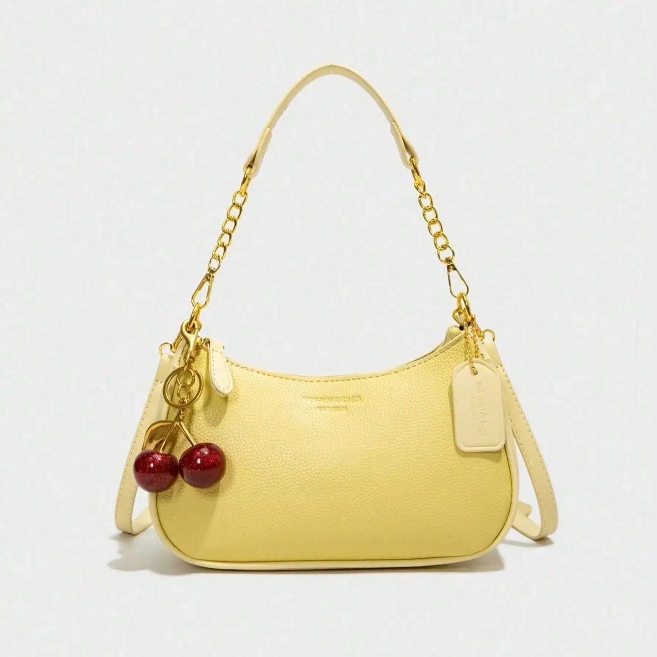 The New Fashion Classic Solid Color PU Waterproof Fabric Shoulder Crescent Bag - Yellow Moon-Shaped Crossbody Bag with Gold Chain & Beige Leather Strap, Red Cherry Charm, PU Leather with Quilted Texture, Casual Shopping Bag for Daily Use