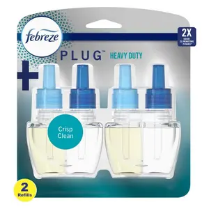 Febreze (2-Count) Heavy-Duty Crisp Clean Scented Oil Plug-In Automatic Air Freshener Refill, Heavy Duty Crisp Clean Scent, 2X Odor Fighting Power, 50-Day First Day Freshness, Cleans Away Odors in Kitchen Bathroom, Low Level Indicator Light.