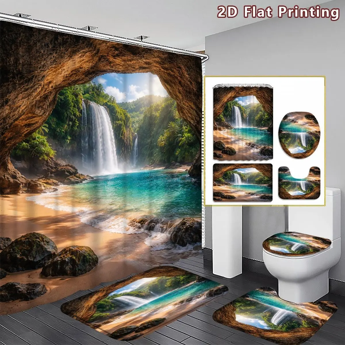 2D Flat, 4pcs Tropical Jungle & Turquoise Sea Shower Curtain Bathroom Set with Bath Mat, U-Shaped Mat & Toilet Cover - Turquoise Waterfall Cave Suitable for Coastal Decor, Hooks Included, Bath Accessories Suitable for Coastal Bathrooms, U-Shaped Mat