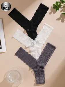 Women's Lace Bikini Panties 3-Pack, Sheer Lace Panty, Low Rise Sexy Sheer Thongs with Delicate Lace Trim, 3 Colors, Hand Wash