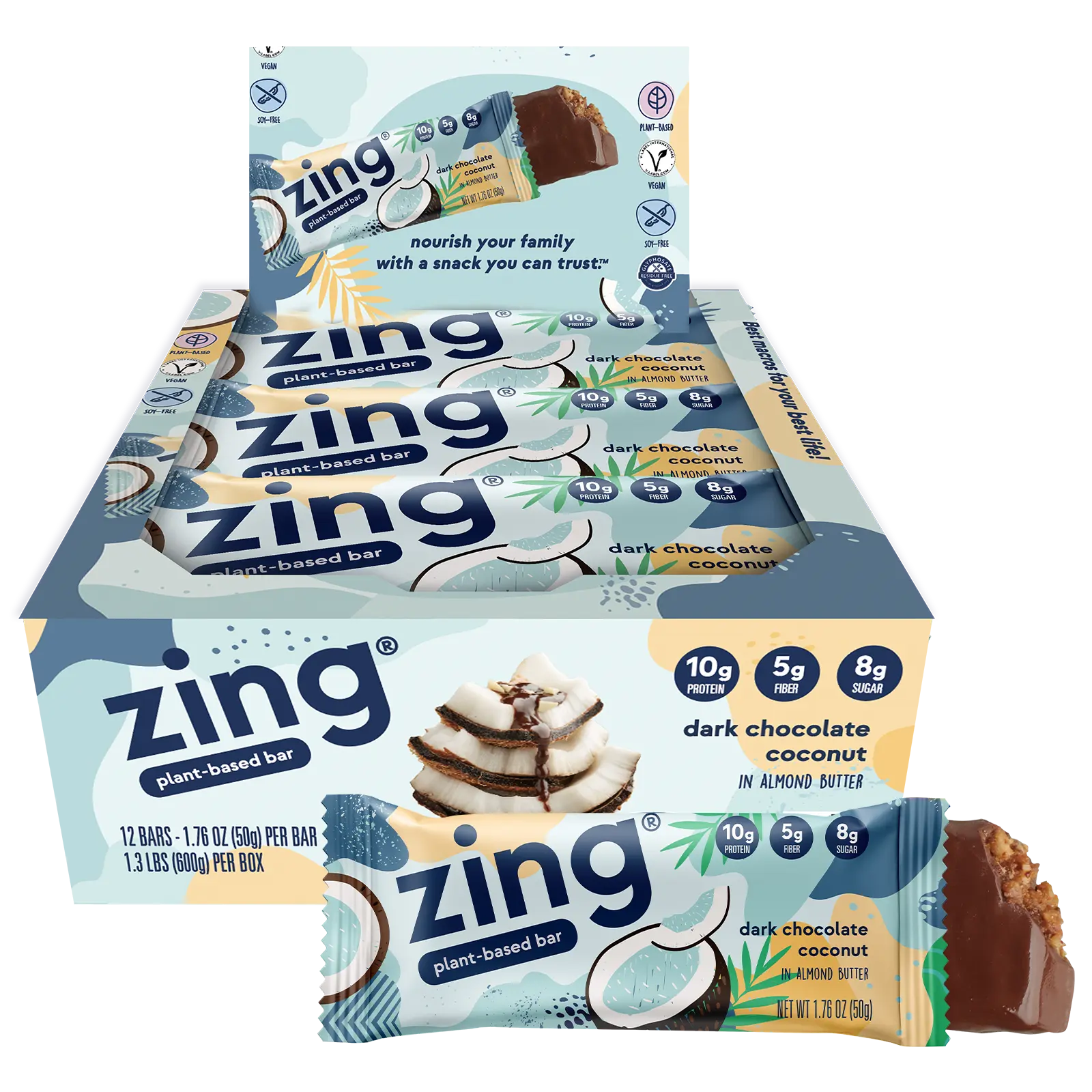 Zing Dark Chocolate Coconut Nutrition Bars - Vegan, Gluten-Free, Dairy-Free Snack