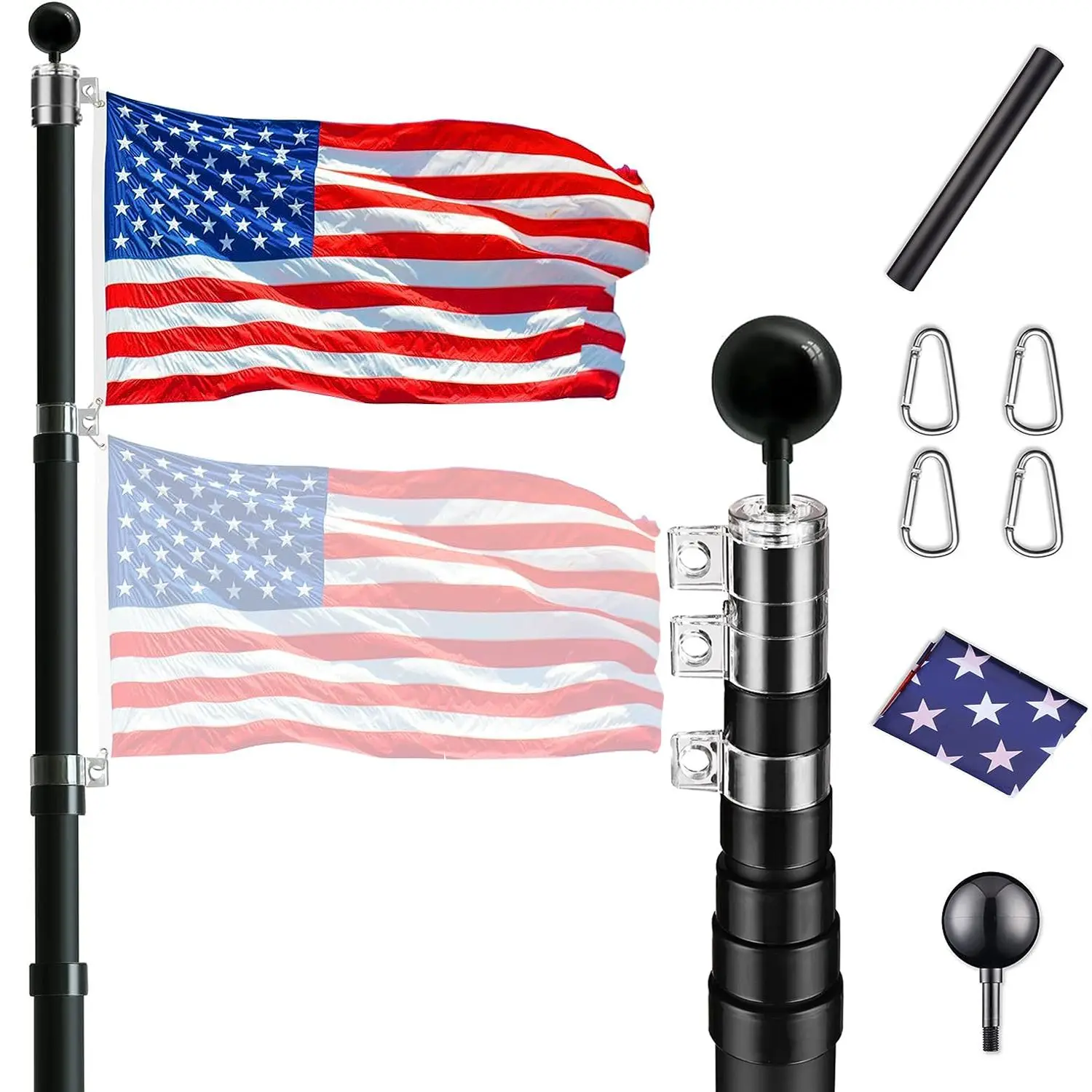 30 ft. Aluminum Telescopic Flag Pole Kit Flagpole 3'x5' US Flag & Ball Top for Commercial Residential Outdoor, 30 Foot