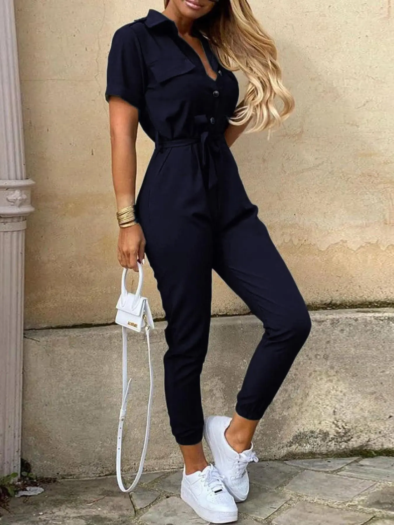 Women's Long Pants, Casual Turn-Down Collar Tie Front Print Waist Belt Workwear Overall, Stylish and Comfortable Fashion, Belted Wrap Overalls