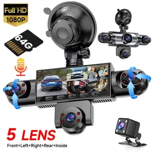 5-Channel  Full HD 1080P Car Dash Cam  with 64GB Memory Card,Requires charging to use,1080P Front + Rear+ Inside/Left/Right Cameras, Loop Recording,Super Night Vision,Car Video Surveillance,Car DVR HD Screen