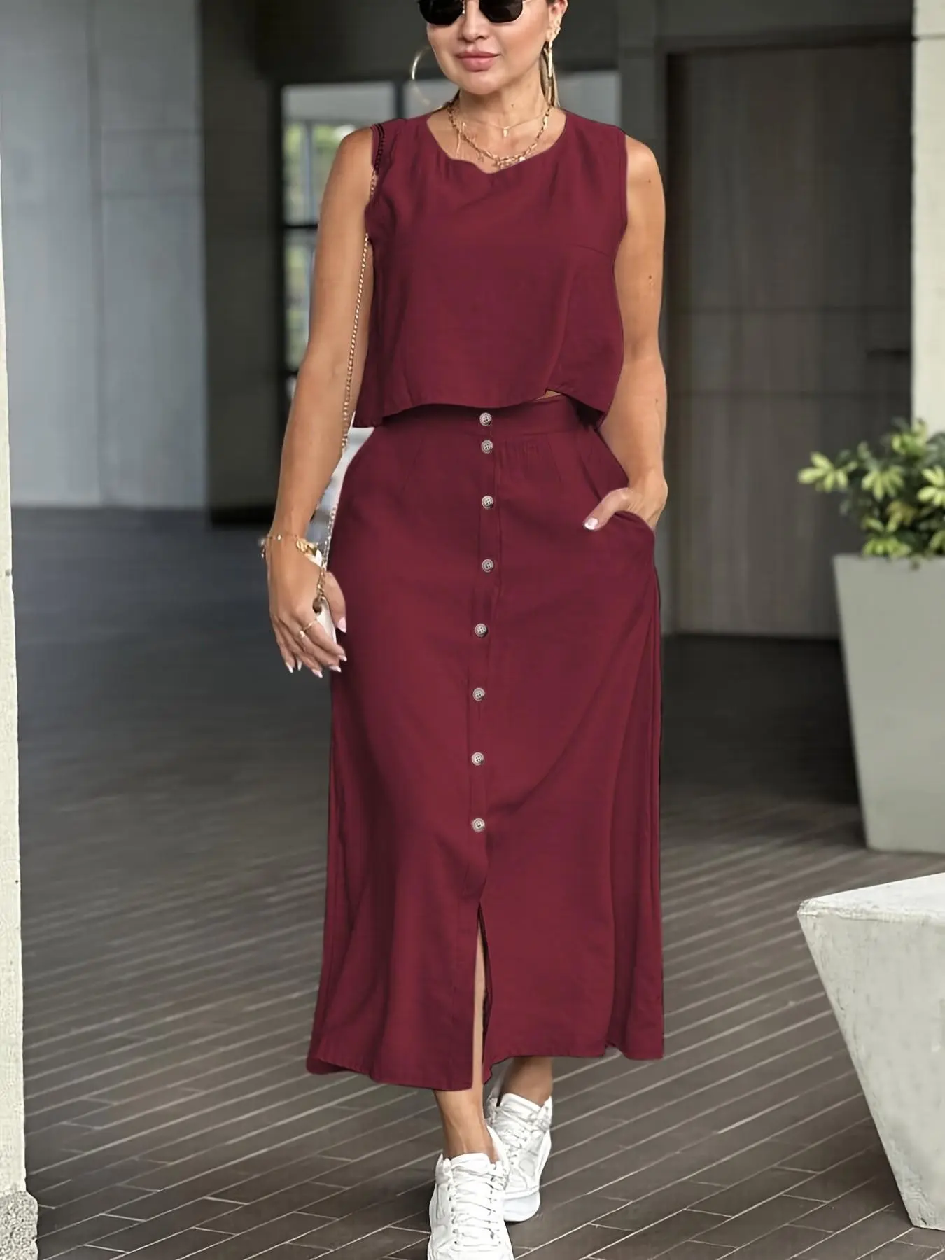 Tiktok Viral Womenswear Summer Skirt Set, Sleeveless Crop Top, Button Front High Waist Midi Skirt with Pockets, Casual Chic for Vacation