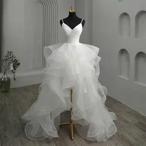 New Short Front Long Back Gothic White Wedding Dresses Spaghetti