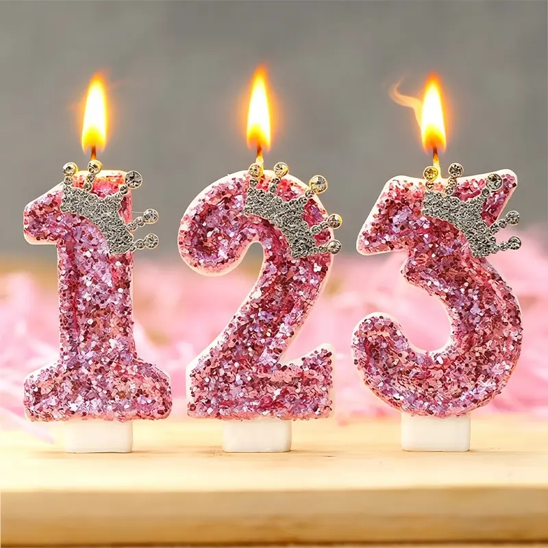 1pcs Birthday Digital Candle, Pink Crown Birthday Candle Cake, Flash Digital Candle Cake Decoration with Sequins, Cake Glitter for Girls, Ladies, Anniversary Celebration Supplies, Birthday Cake Decorations, Cake Decorating Supplies