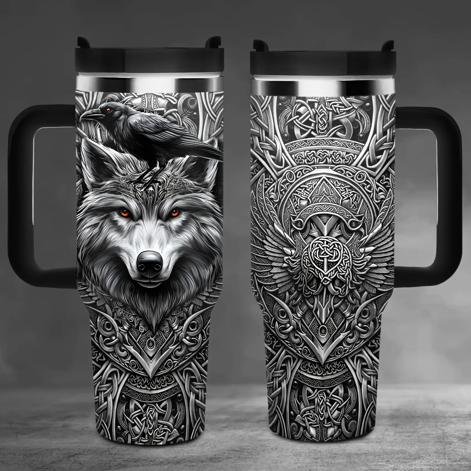 40oz Viking Themed Stainless Steel Insulated Flask - Wolf Motif, Celtic Knot Design, Leak-Proof Portable Vacuum Container, 7-12H Temperature Retention, Men's Gift for Outdoor Trips, Durable Kitchenware Drinkware, 7-12 Hours