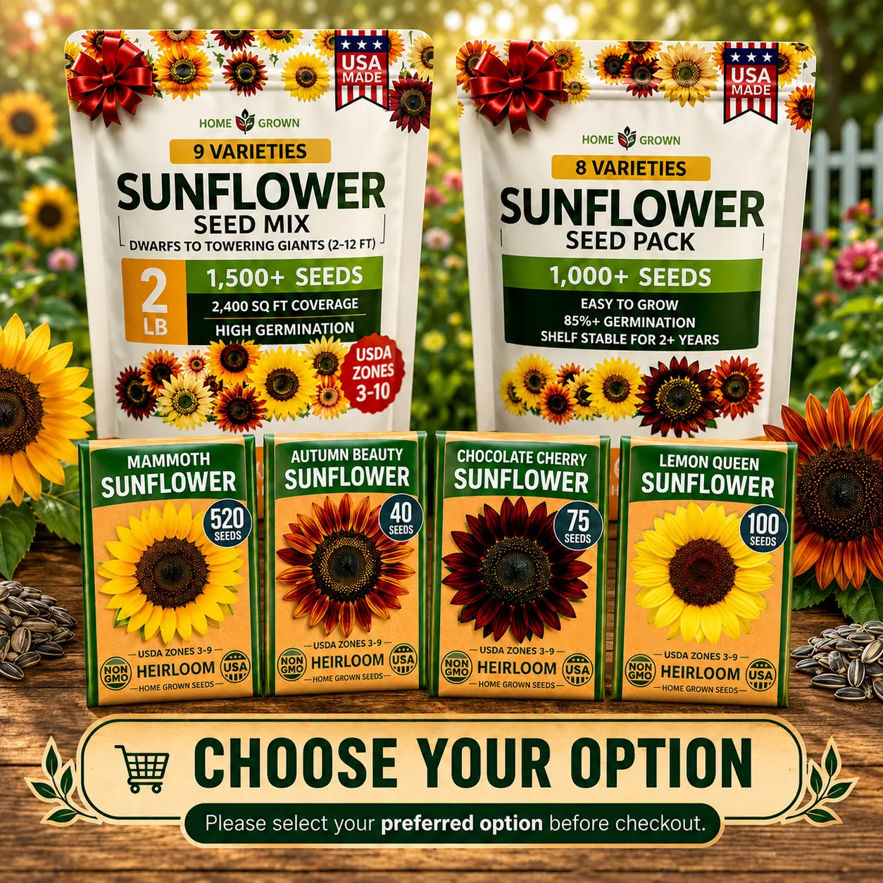 Heirloom Sunflower Seeds for Planting Outdoors – Giant Mammoth & Dwarf Varieties, High Germination, Easy-to-Grow for Garden Borders, Bees/Butterflies, New Gardeners, Plant Growth, Birdseed Harvest