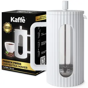 Kaffe Glass French Press Coffee Maker - Borosilicate Glass, Lightweight and Durable with Dual Filter for Authentic Coffee Flavor, White (1L)