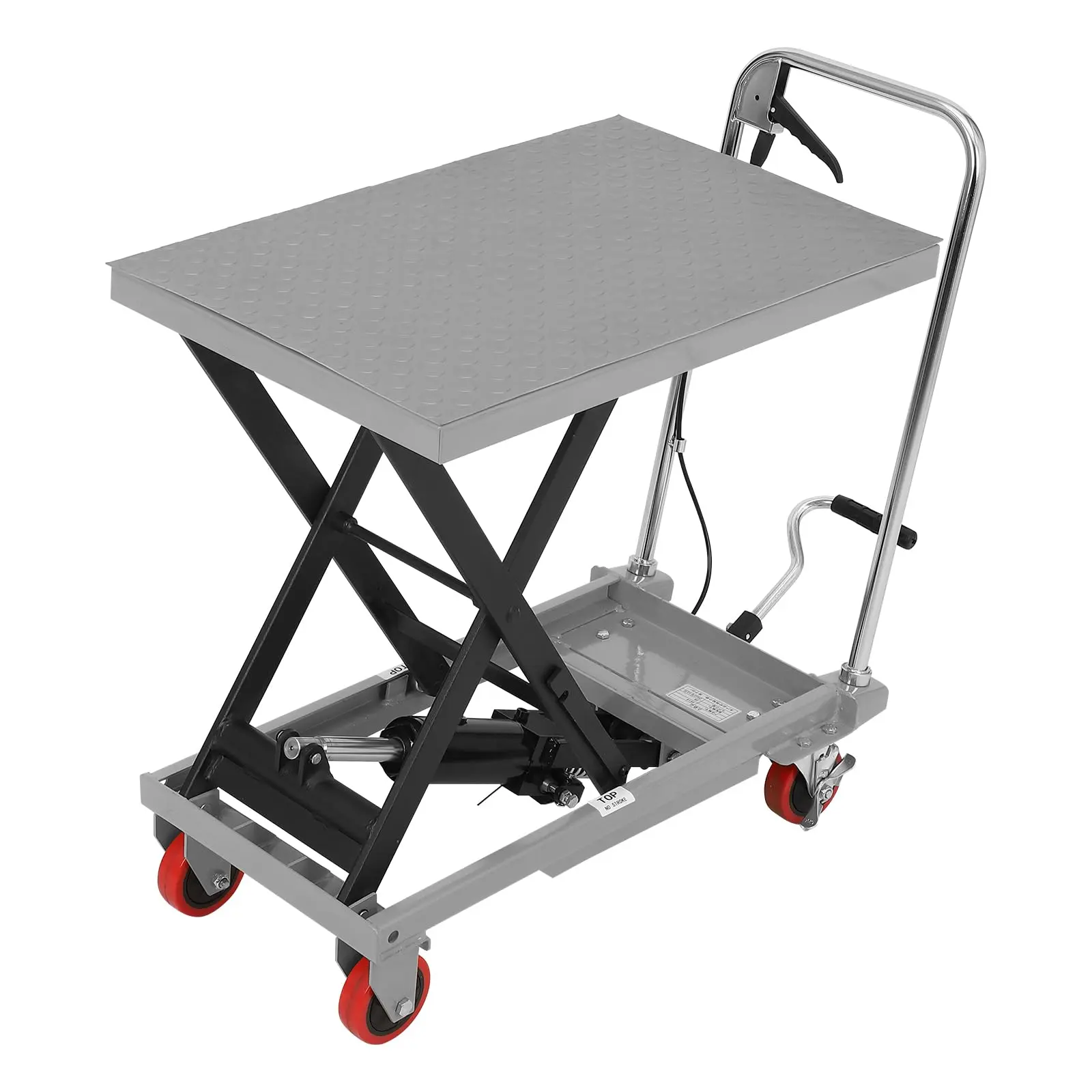 【GARVEE】Hydraulic Lift Table Cart with 500lbs capacity, 28.5 inch lifting height, manual single scissor design, 4 wheels, and 3mm non-slip pad for efficient material handling and transportation.