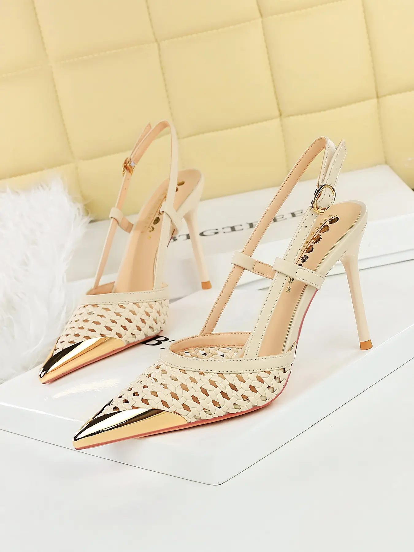 Luxury Design Woven Metal Pointed Toe Stiletto High Heels, Casual Synthetic Leather Women Sandal Shoes, Breathable Hollow Out Strap, Silver Color