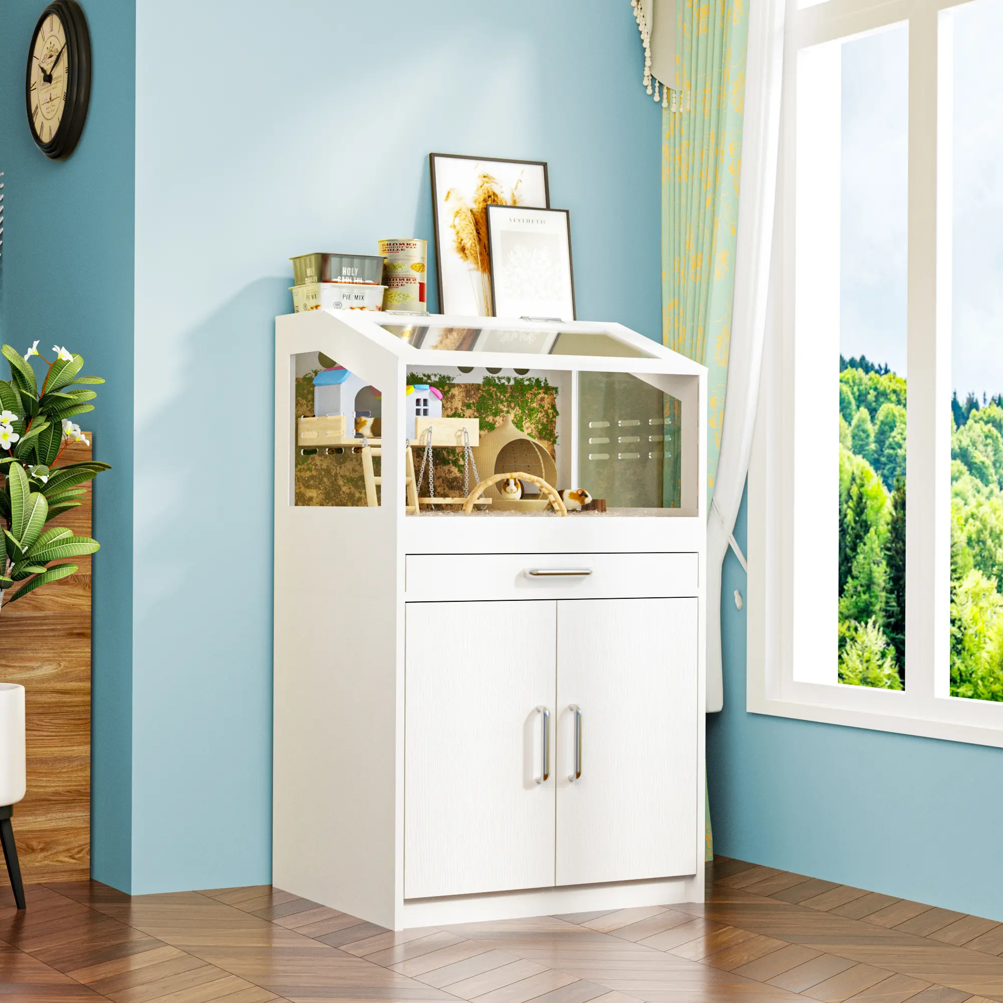 Small Animal Cage with Storage - 61x50x103cm White Hamster Home w/ Ventilation Holes, Drawer & Safety L-Brackets Small Animal Cage with Storage - 61x50x103cm White Hamster Home w/ Ventilation Holes, Drawer & Safety L-Brackets