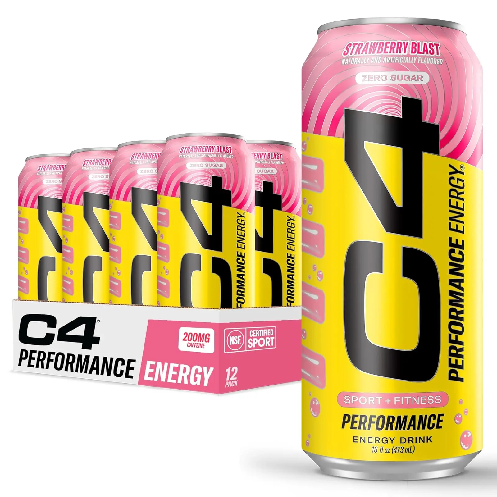 C4 Performance Energy Drink | Strawberry Blast | Zero Sugar Carbonated Preworkout Energy | 200mg Caffeine with Beta Alanine | 16 Fl Oz (12 Pack)