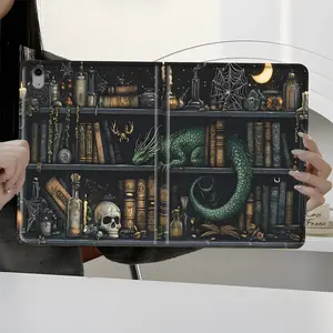 Dragon on Vintage Bookshelf Tablet Case with Auto Wake/Sleep, Shockproof, Protective Full-Body Protection Book-Style Stand Cover with Pencil Slot, Fits 7.9/8.3/10.2/10.5/10.9/11 Inch Tablets, Durable Case for Home Office School, Gift for Fantasy & Dark